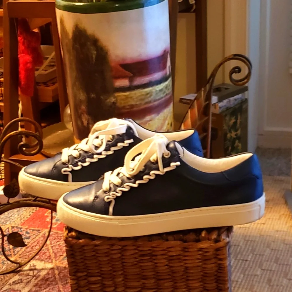 Tory Burch Navy Leather Ruffle Sneakers - Picture 2 of 5